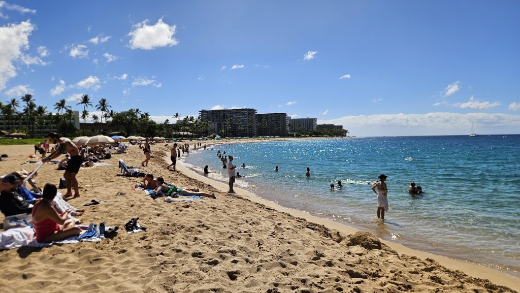 Kaanapali Beach West Maui fully open with families swimming 2026