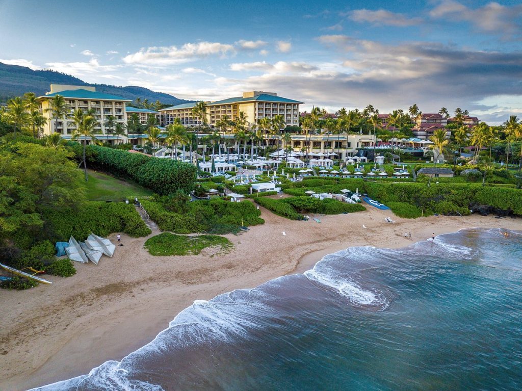 Wailea Beach Maui aerial view showing resort area and calm ocean — best honeymoon location Maui 2026
