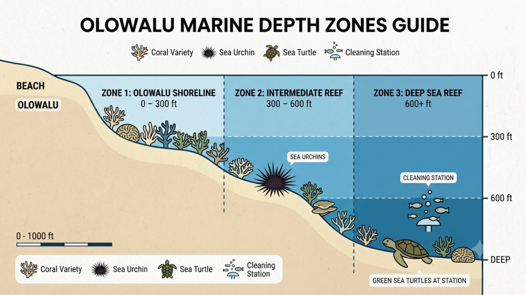 Illustrated cross-section diagram of Olowalu reef snorkeling zones: Zone 1 (0-300 feet, shallow entry), Zone 2 (300-600 feet, sand channels and sea urchins), Zone 3 (600+ feet, turtle cleaning station)
